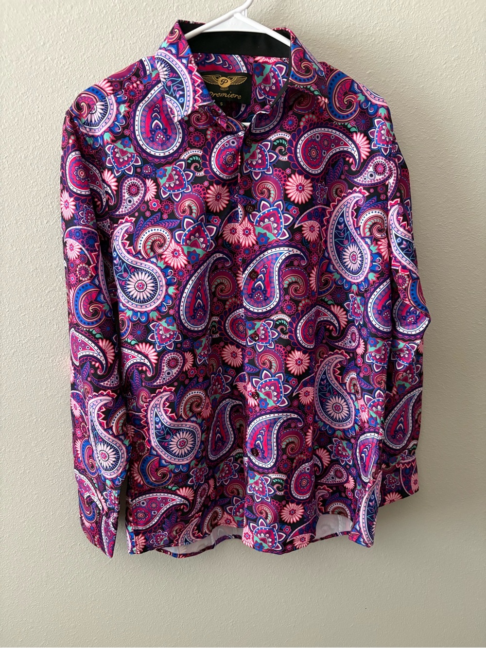 Premier Men's Vibrant Purple Paisley Button-Down Shirt with Pink & Blue Accents